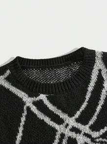 ROMWE MEN Goth Suéter con cuello redondo para hombre con estampado de telaraña para Halloween, escuela