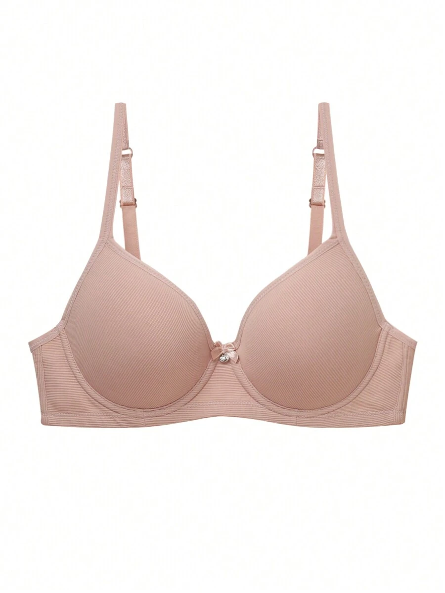Sujetador acolchado de tela casual de color rosa bebé liso con detalle de lazo, de elasticidad media para mujer - Rosa Pálido - Ver 1