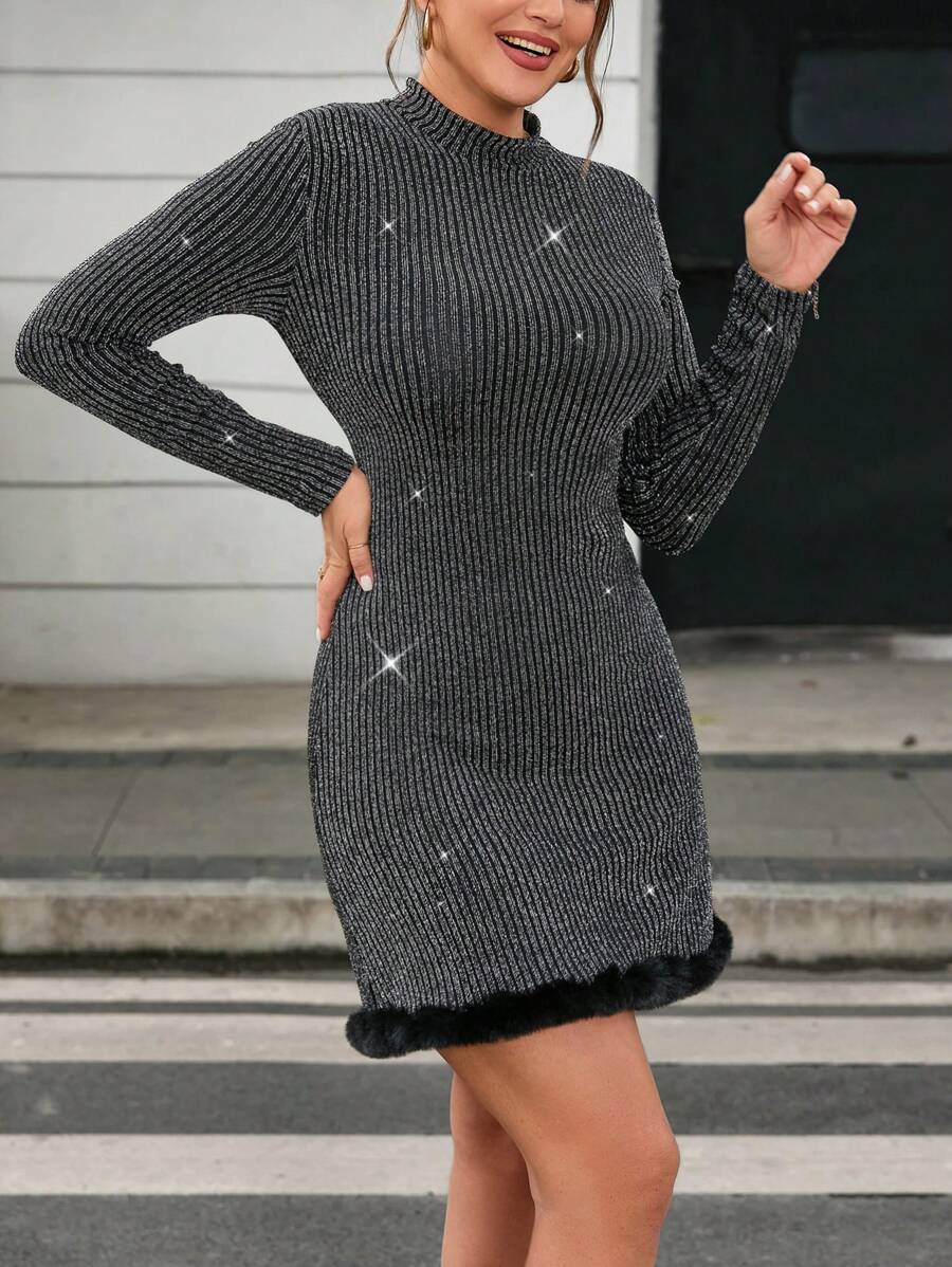 SHEIN Privé Women's Plus Size Elegant Stand Collar Patchwork Plush Trim Dress - Dark Grey - View 1