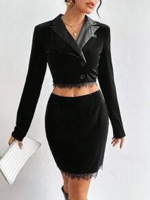 SHEIN Privé 天鵝絨閃亮鑲嵌蕾絲女士短款西裝外套 - 黑色 - 查看 3