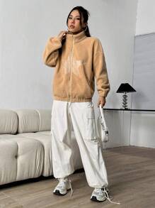 Flirla Chaquetilla De Cremallera Frontal Con Patrón De Estrellas Para Mujer