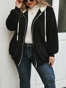 SHEIN LUNE Plus Size Women's Drawstring Hooded Jacket - Black - View 5