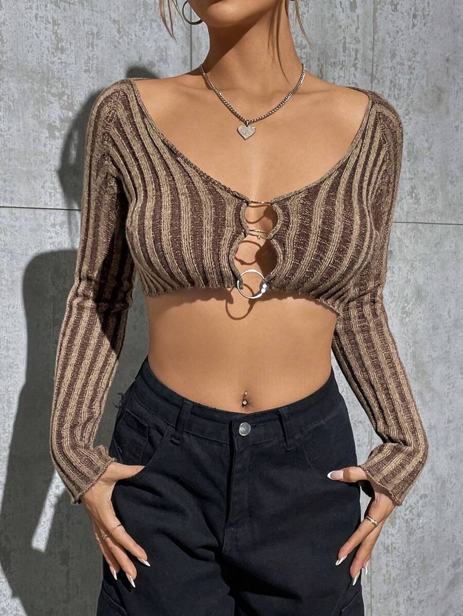 SHEIN Unity Women's Striped Ring Cardigan Fall Cloth For Women - Coffee Brown - View 1