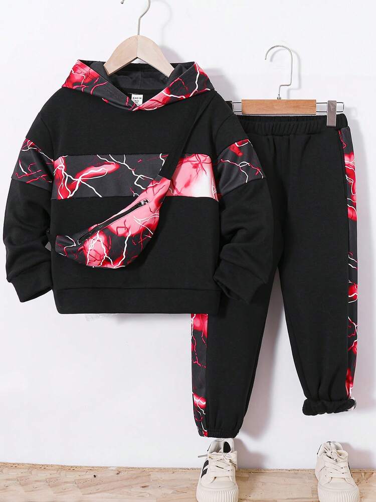 3pcs Toddler Boys Casual Printed Splice Hoodie Sweatshirt + Pants + Cross-Body Bag Fleece Thickened Outfit Set