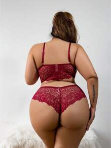 Plus Size Lace Perspective Sexy Lingerie Set - Burgundy - View 2