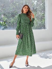 SHEIN Frenchy Vestido Largo De Manga Larga Con Cuello Alto Verde Para Mujer Con Estampado Aleatorio - Multicolor - Ver 4