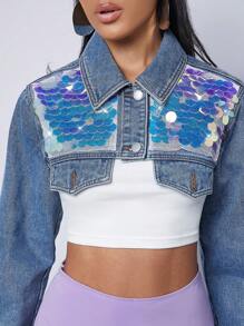 Denimoi 亮片翻蓋式短身牛仔外套 - 中等水洗藍 - 查看 3