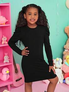 SHEIN Cool Leg-Of-Mutton Sleeve Knitted Dress For Tween Girl - Black - View 3