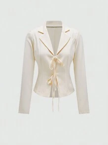 SHEIN Unity 女用撞色領繫帶腰部紐帶襯衫 - 杏色 - 查看 1