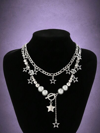 Goth 2pcs Punk Style Star & Tassel Pendant Beaded Necklace Set