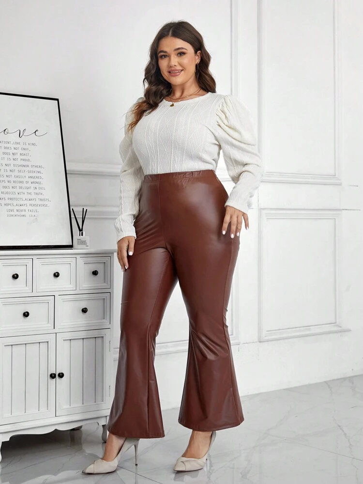 Plus Size Solid Colored Gigot Sleeve Top With Pu Flare Pants 2pcs/Set