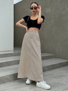 DAZY 女士直筒牛仔裙，秋季服装牛仔裙 - 卡其色 - 查看 4