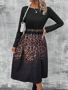 EMERY ROSE Women's Round Neck Black Leopard Print Patchwork Dress - Multicolor - View 4