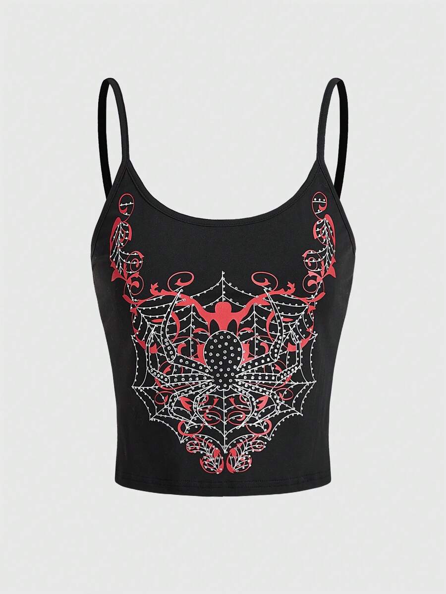 ROMWE Grunge Punk Spider Printed & Rhinestone Embellished Sexy & Casual Knitted Sleeveless Tank Top - Black - View 1