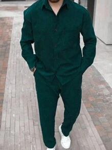 Manfinity Homme 男士翻領襯衫和褲子套裝 - 綠色 - 查看 3