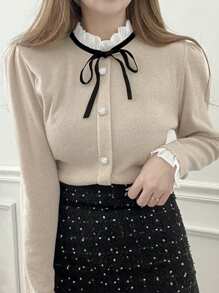 DAZY 可爱蕾丝领珍珠纽扣蝴蝶结长袖女式T恤秋季上衣 - 卡其色 - 查看 6