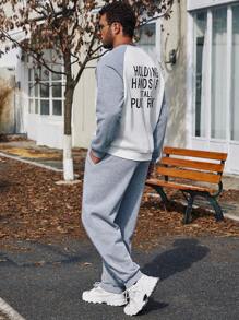 Manfinity Homme Ensemble De Survêtement À Manches Longues Imprimé Slogan Et Pantalon Jogger Pour Hommes De Grande Taille