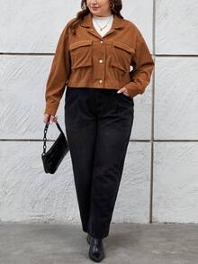 SHEIN Essnce Plus Áo khoác nhung có túi thả vai - Lạc đà - Xem 3