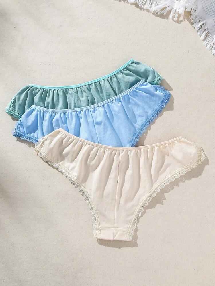 Women's Solid Color Lace Trimmed Triangle Panties ,3 Pcs
