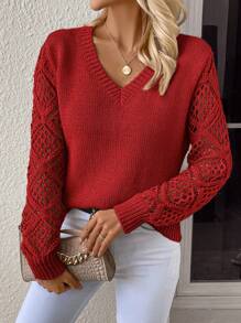SHEIN Clasi Suéter holgado de punto con cuello en V, manga larga y abertura calada, talla grande - Rojo - Ver 1