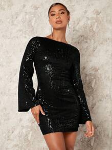 SHEIN BAE Gorgeous Women's Cutout Back Lace-up Sequin Dress - Black - View 2