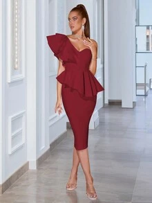 Một bờ vai Nếp may phóng đại Tách rời Băng bó Quần bó Đầm tiệc rượu - Màu Đỏ Sâu - Xem 4