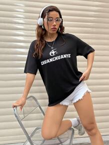 SHEIN Unity Của phụ nữ Lá thư In Ngắn tay Áo thun - màu đen - Xem 1