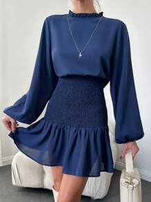 RueChic Vestido De Manga Lanterna Com Detalhe De Franzido E Bainha Com Babado Para Mulheres - Azul Real - Ver 4