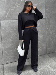 EURMUSE Drop Shoulder High Low Hem Crop Tee & Pants & Cami Top - Royal Blue - View 1