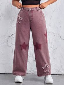 SHEIN ICON 女式大尺碼星星圖案直筒牛仔褲 - 粉色 - 查看 3