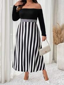SHEIN Clasi Women's Plus Size Striped Off Shoulder Dress - Black and White - View 1
