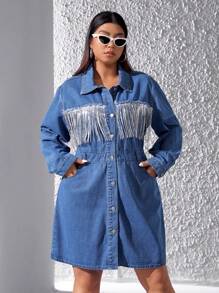 SHEIN ICON 大尺碼女性牛仔襯衫領連身裙,帶流蘇裝飾 - 中等水洗藍 - 查看 5