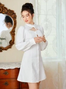 SHEIN Thiếu niên Cô gái Dệt Màu thuần Xu hướng: Cắt giảm Đứng cổ áo Đầm - trắng - Xem 5