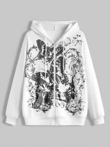 ROMWE Fairycore Butterfly Printed Zip Front Hoodie With Drawstring - Black - View 2