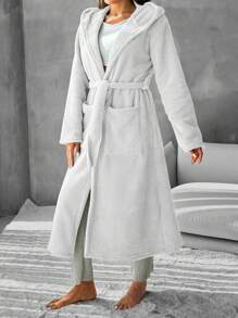 RueChic Hooded Robe With Belt And Pockets For Home Wear - White - View 6