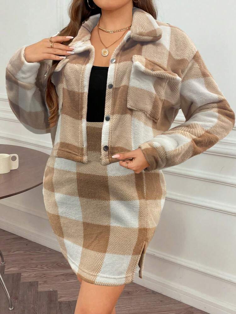 Plus Size Plaid Jacket And Skirt Two Piece Set