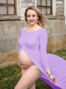 Maternity Off Shoulder Chiffon Dress With High Slit And Splice Design For Photo Shooting With Long Sleeve For Maternity Photoshoot - Mauve Purple - View 6