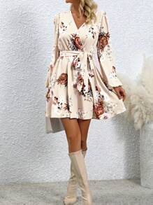 SHEIN Clasi Women's V-neck Allover Printed Belted Dress - Yellow - View 5