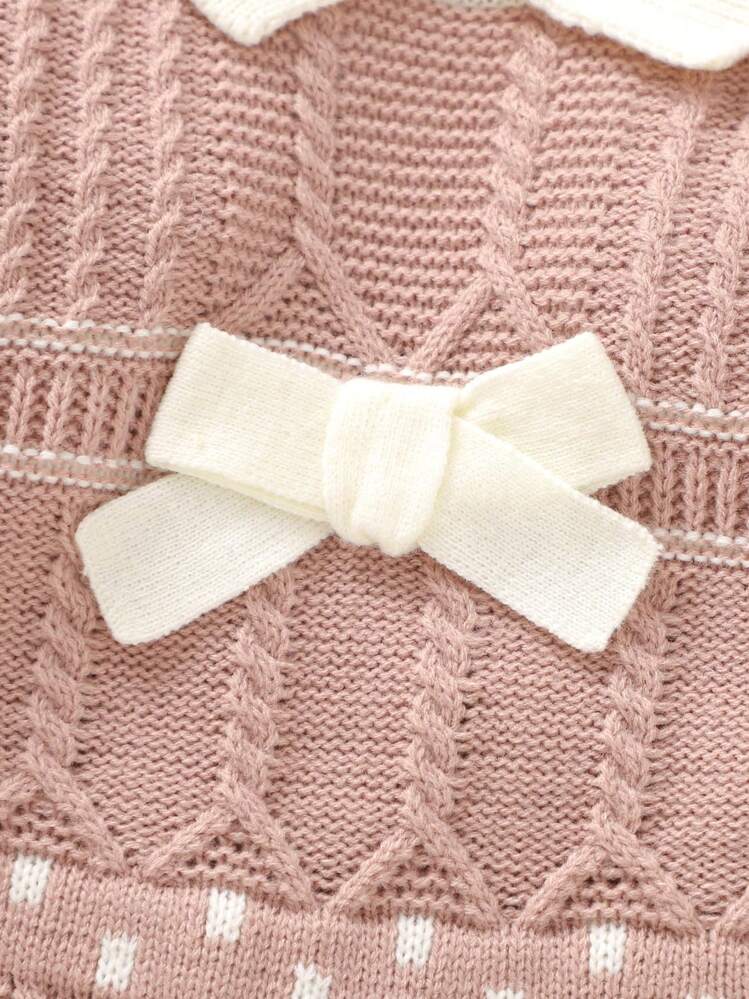 SHEIN Mono Estilo Suéter Decorado Con Lazo Y Cuello En Contraste Para Bebé Niña Con Sombrero - Rosa - Añade 6