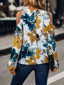 SHEIN Clasi Women's Cold Shoulder Floral Print Blouse - Blue - View 2