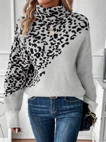 SHEIN LUNE Của phụ nữ In hoa Báo Cổ áo cao Áo len - Màu be - Xem 7