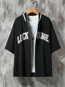 Manfinity Hypemode Men's Letter Printed Baseball Collar Shirt - Black - View 5
