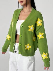 SHEIN Unity 女士花卉圖案落肩開襟衫 - 綠色 - 查看 3