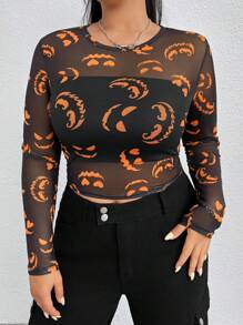 SHEIN EZwear Women's Plus Size Cartoon Pattern Round Neck Sheer Mesh Top - Black - View 1