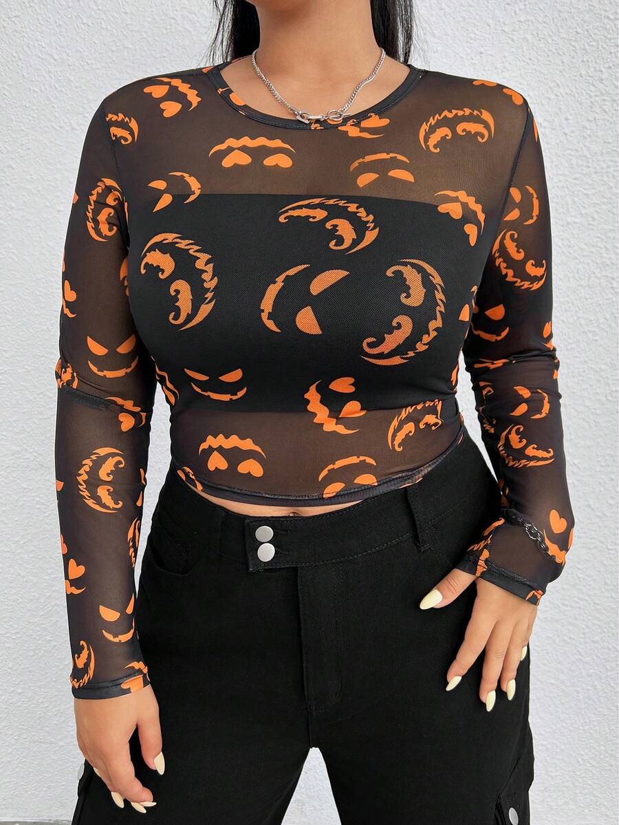 SHEIN EZwear Women's Plus Size Cartoon Pattern Round Neck Sheer Mesh Top - Black - View 1