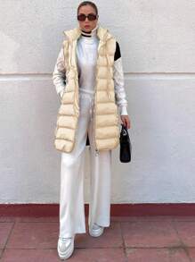 EURMUSE Women's Sleeveless Hooded Zipper Quilted Jacket - Beige - View 5