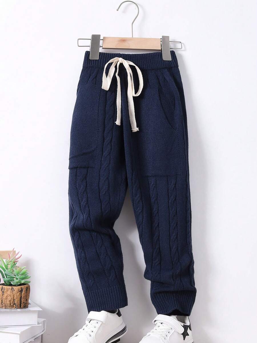 SHEIN Con trai Eo đàn hồi Lỏng lẻo phù hợp Giải trí Dây rút Dệt kim Quần - Màu xanh hải quân - Xem 1