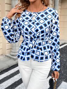 SHEIN Clasi 女性幾何圖案印花圓領襯衫 - 藍色 - 查看 3