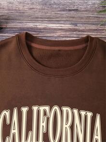 SHEIN EZwear Women'S Letter Printed Fleece Sweatshirt - Coffee Brown - View 6