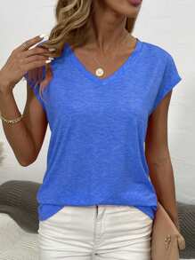 SHEIN LUNE V-neck Batwing Sleeve T-shirt - Blue - View 4